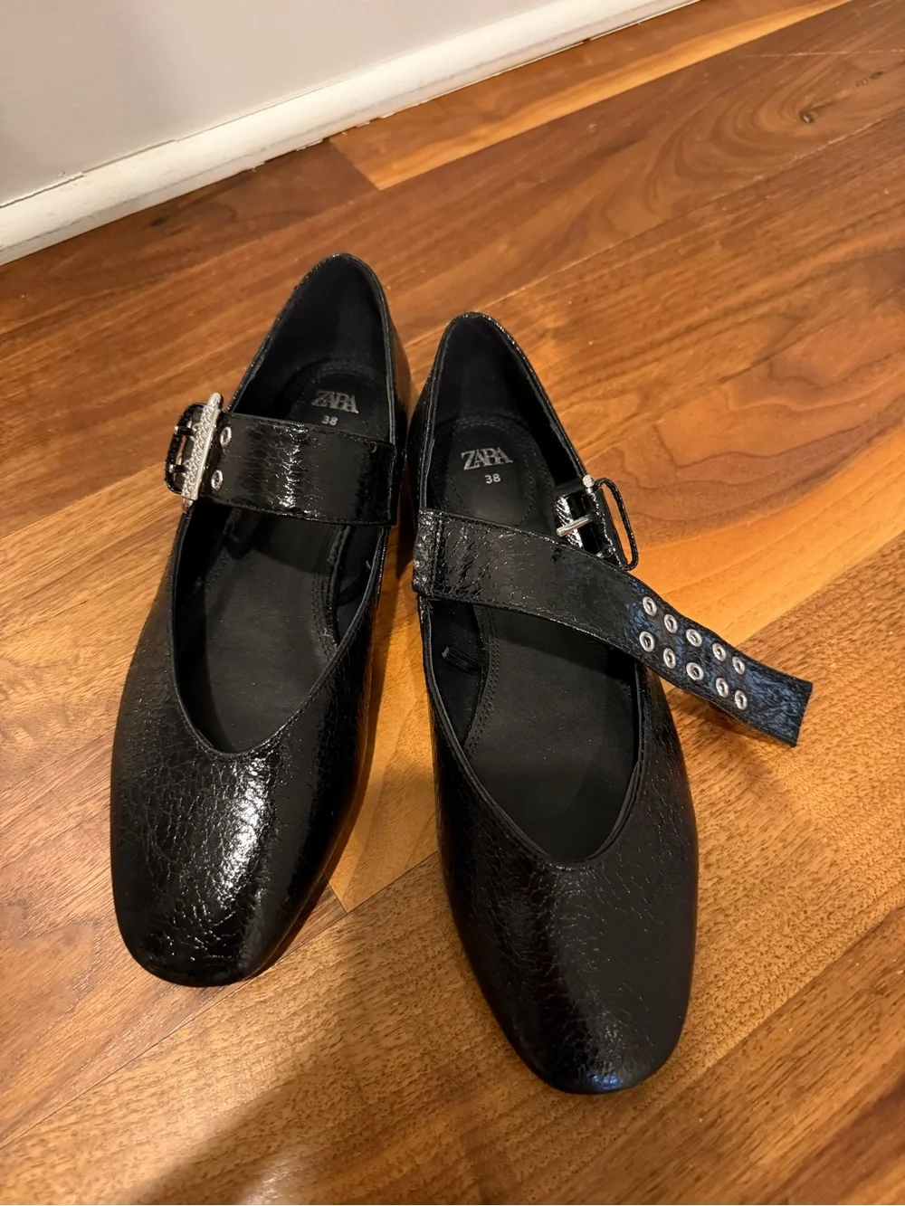 Zara Black Patent Mary Jane Flats Size 38